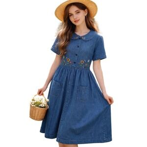 Vtg Womens 90s Denim Midi Dress Embroidered Peter Pan Collar Button Sz M Cottage